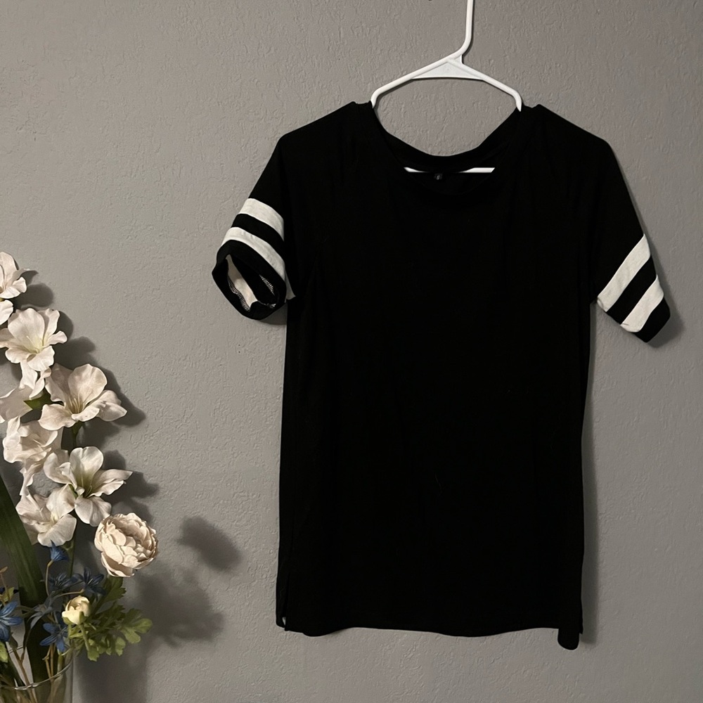 Black Top with White Striped Sleeves